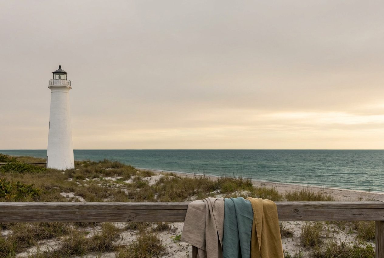 A white lighthouse against a soft dawn sky on a calm Florida coastline
