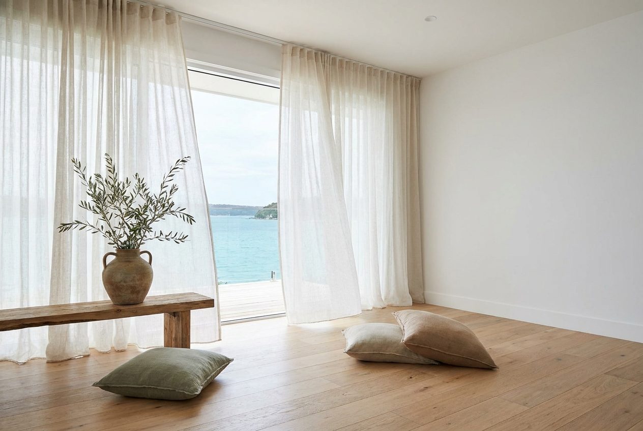 A calm, open coastal room with linen curtains and a view of still water, reflecting the clarity that coordinated care creates