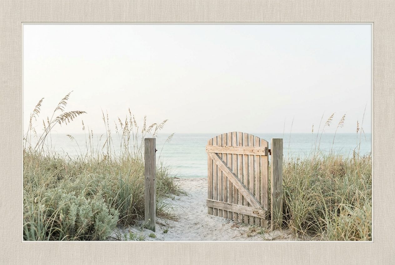 A weathered wooden gate standing open on a quiet coastal path, representing the decision to seek help