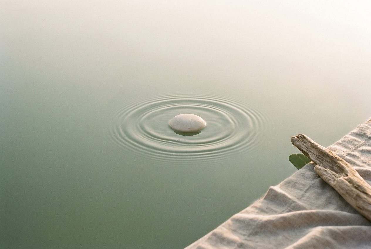 A pale stone at the center of gentle ripples on calm water, representing the steady effect of clear boundaries