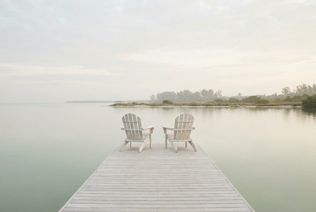 Two Adirondack chairs on a quiet dock overlooking calm water at dawn